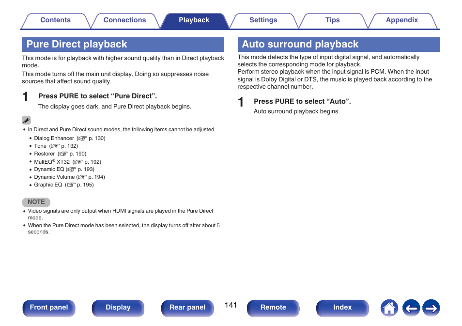 Pure direct playback, Auto surround playback | Denon AVR-A1H 15.4-Channel Network A/V Receiver User Manual | Page 141 / 353