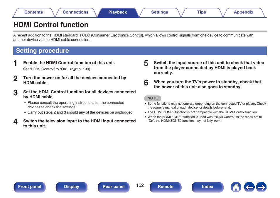 Hdmi control function, Setting procedure | Denon AVR-A1H 15.4-Channel Network A/V Receiver User Manual | Page 152 / 353