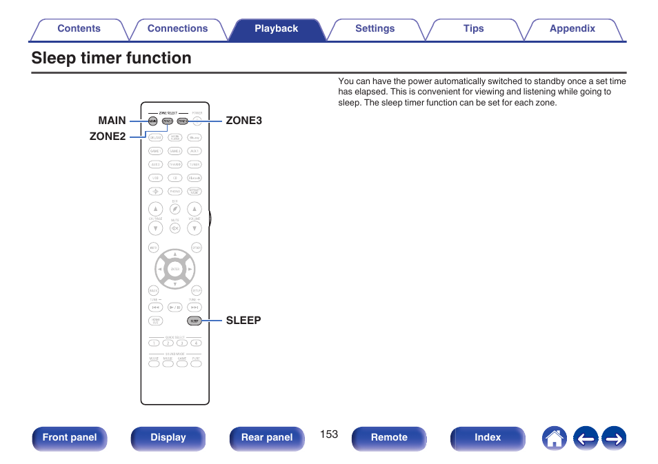 Sleep timer function, This lights when the sleep mode is selected, P. 153) | Denon AVR-A1H 15.4-Channel Network A/V Receiver User Manual | Page 153 / 353