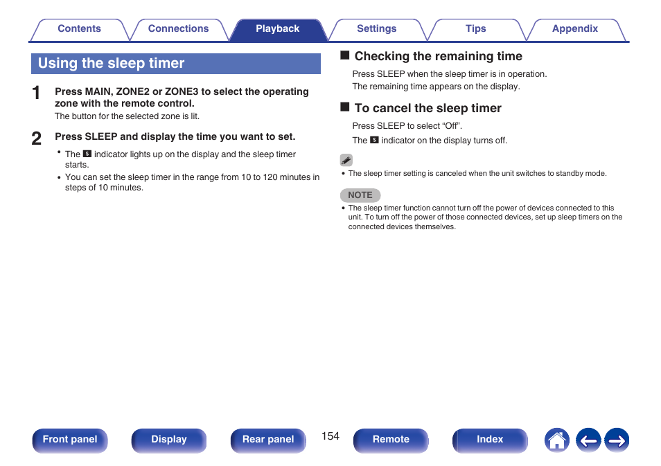Using the sleep timer | Denon AVR-A1H 15.4-Channel Network A/V Receiver User Manual | Page 154 / 353
