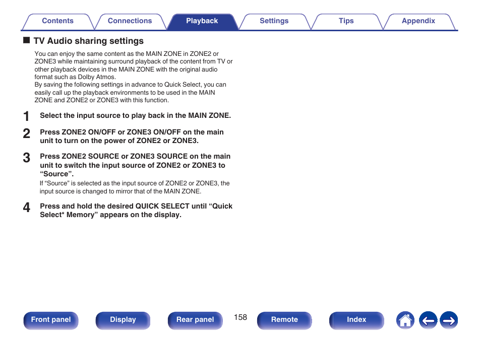 Tv audio sharing settings, P. 158) | Denon AVR-A1H 15.4-Channel Network A/V Receiver User Manual | Page 158 / 353
