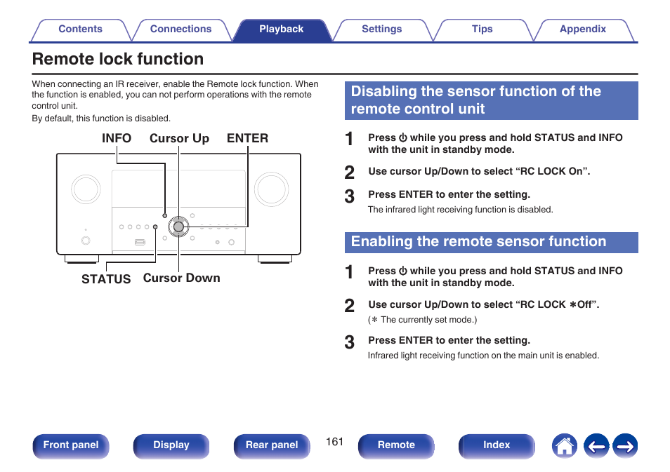 Remote lock function, Enabling the remote sensor function | Denon AVR-A1H 15.4-Channel Network A/V Receiver User Manual | Page 161 / 353