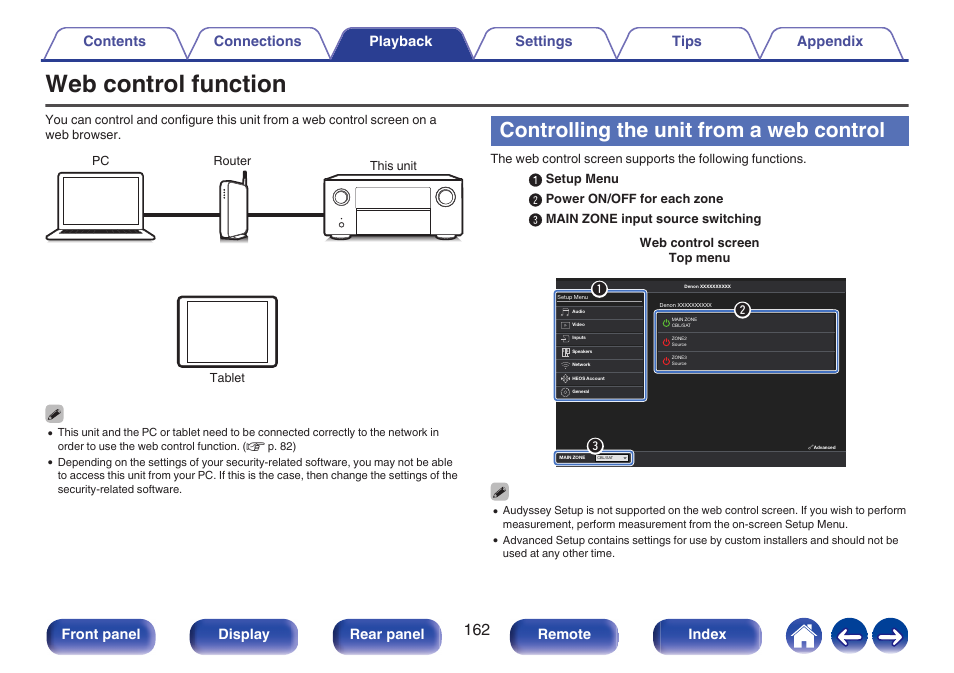 Web control function, Controlling the unit from a web control, Qw e | Front panel display rear panel remote index | Denon AVR-A1H 15.4-Channel Network A/V Receiver User Manual | Page 162 / 353