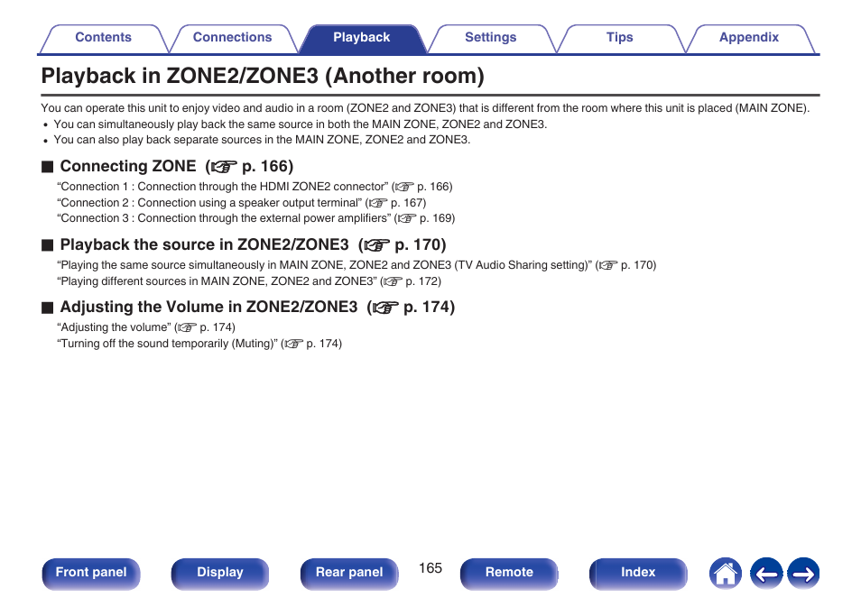 Playback in zone2/zone3 (another room), P. 165) | Denon AVR-A1H 15.4-Channel Network A/V Receiver User Manual | Page 165 / 353