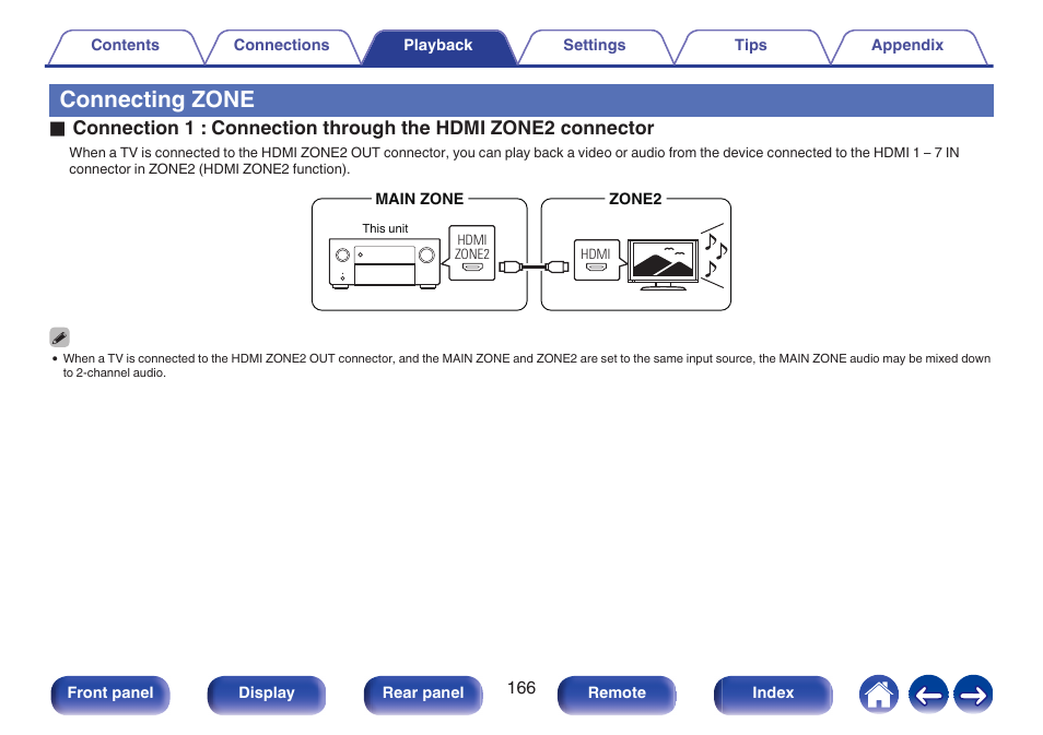 Connecting zone, P. 166) | Denon AVR-A1H 15.4-Channel Network A/V Receiver User Manual | Page 166 / 353