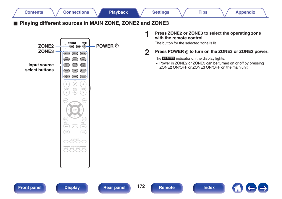 P. 172), Playback in zone2/zone3 | Denon AVR-A1H 15.4-Channel Network A/V Receiver User Manual | Page 172 / 353