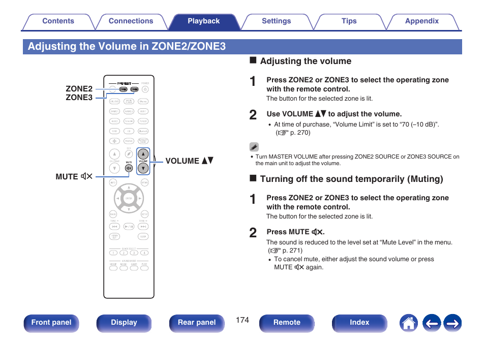 Adjusting the volume in zone2/zone3, P. 174), Turning off the sound temporarily (muting) | Adjusting the volume | Denon AVR-A1H 15.4-Channel Network A/V Receiver User Manual | Page 174 / 353