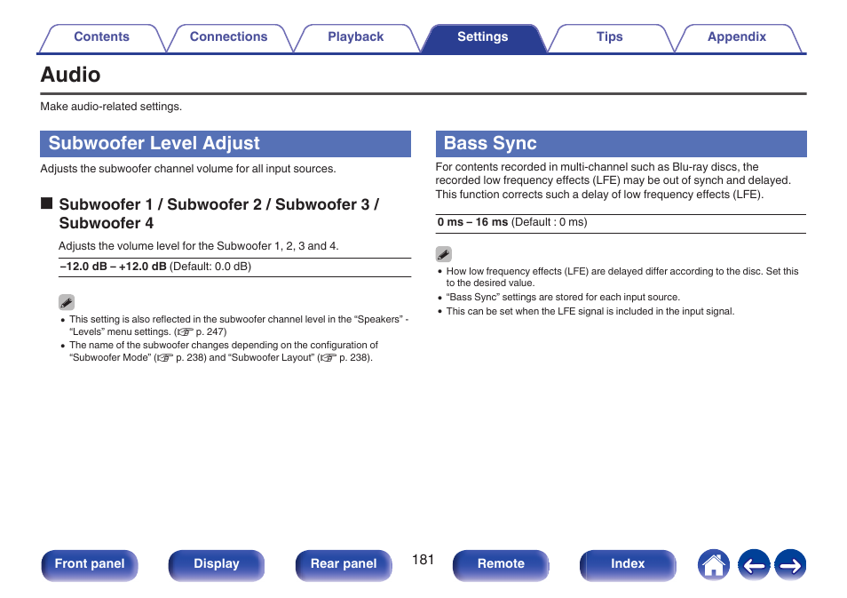 Audio, Subwoofer level adjust, Bass sync | Denon AVR-A1H 15.4-Channel Network A/V Receiver User Manual | Page 181 / 353
