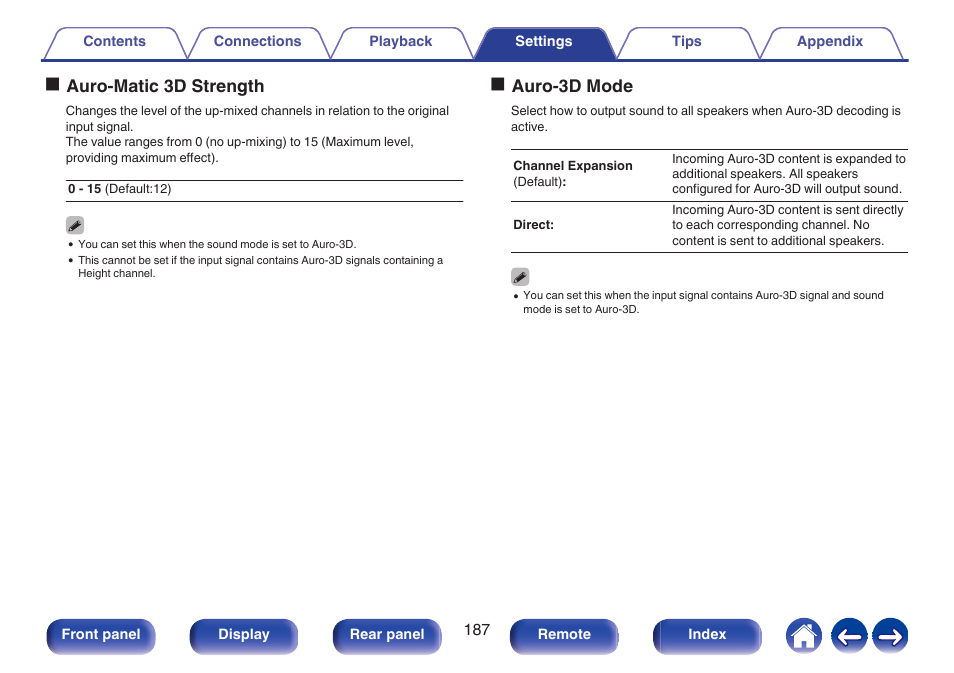 Oauro-matic 3d strength, Oauro-3d mode | Denon AVR-A1H 15.4-Channel Network A/V Receiver User Manual | Page 187 / 353