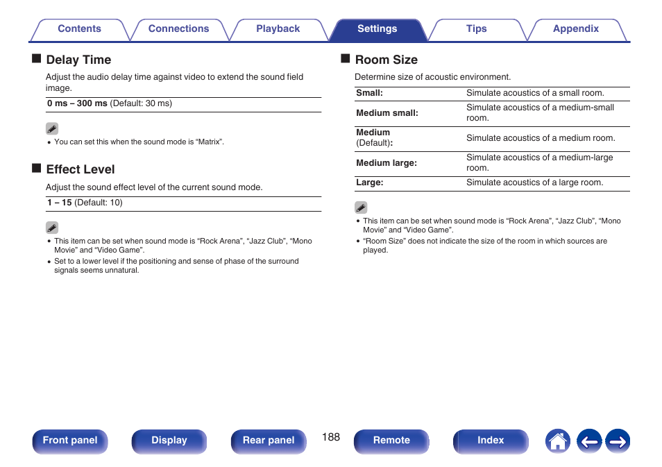 Odelay time, Oeffect level, Oroom size | Denon AVR-A1H 15.4-Channel Network A/V Receiver User Manual | Page 188 / 353
