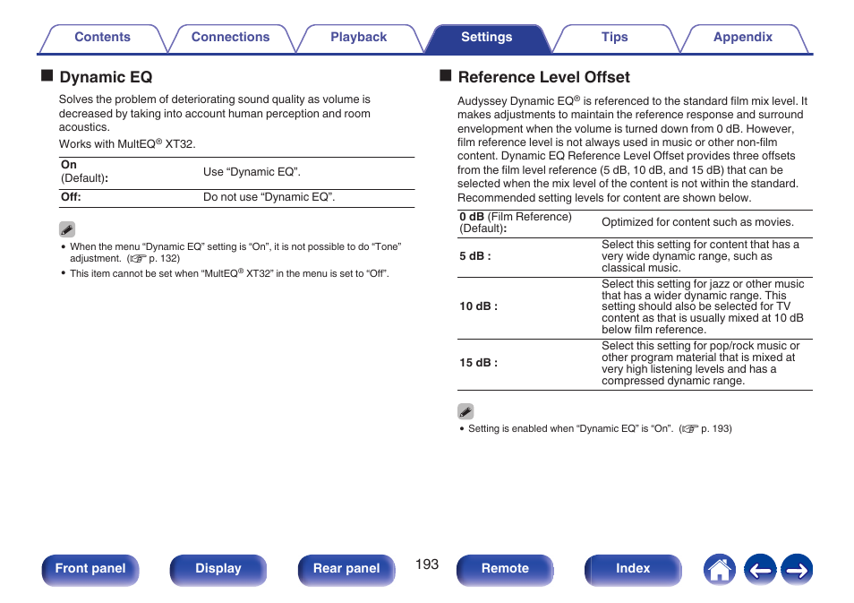 P. 193), Dynamic eq, Odynamic eq | Oreference level offset | Denon AVR-A1H 15.4-Channel Network A/V Receiver User Manual | Page 193 / 353