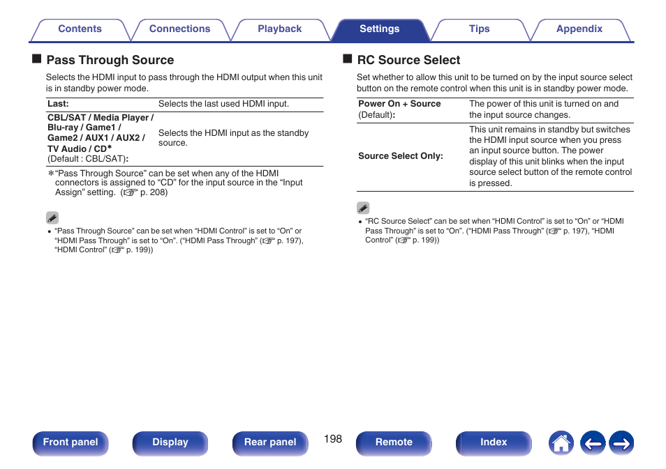 Opass through source, Orc source select | Denon AVR-A1H 15.4-Channel Network A/V Receiver User Manual | Page 198 / 353