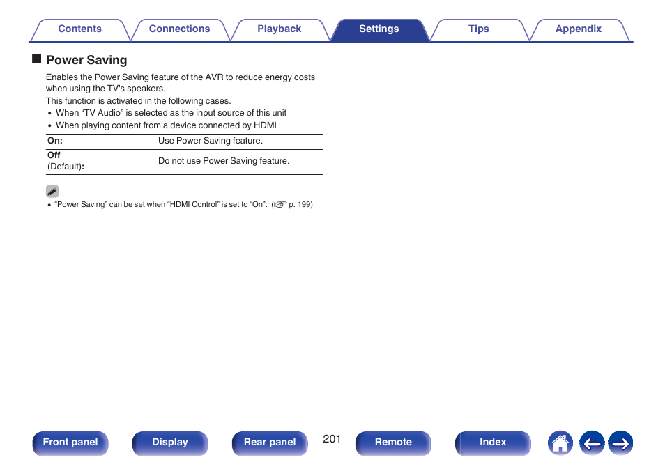 Opower saving | Denon AVR-A1H 15.4-Channel Network A/V Receiver User Manual | Page 201 / 353