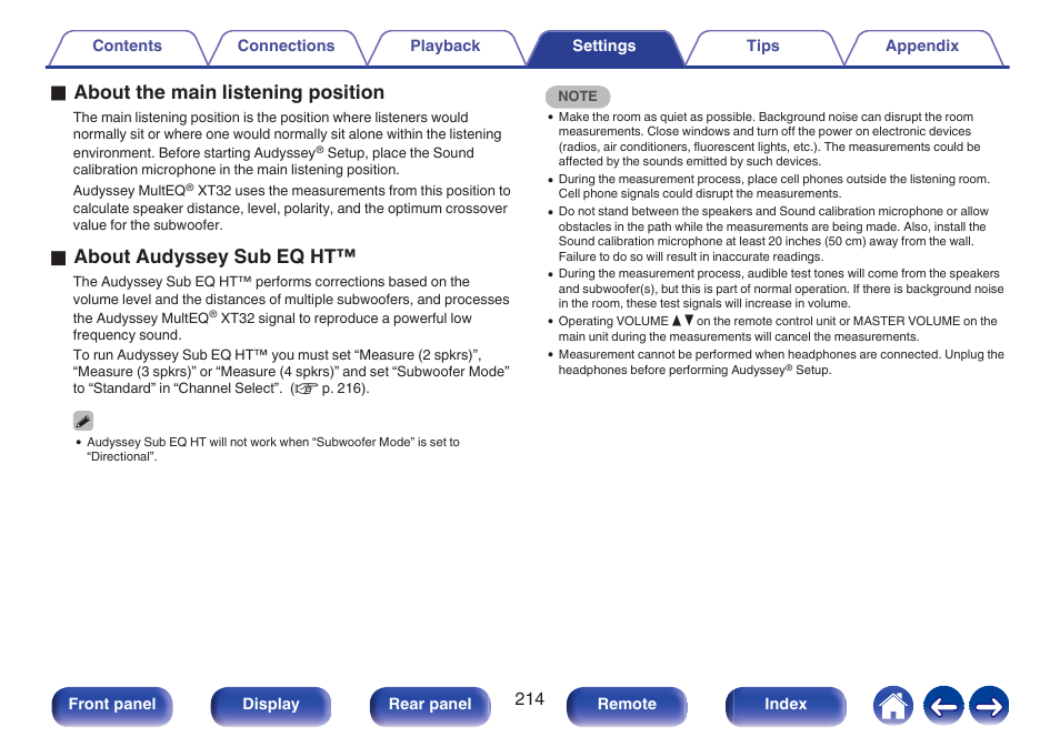 P. 214), Oabout the main listening position, Oabout audyssey sub eq ht | Denon AVR-A1H 15.4-Channel Network A/V Receiver User Manual | Page 214 / 353
