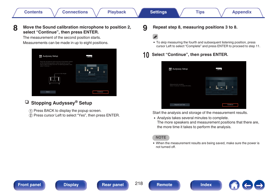 Nstopping audyssey, Setup | Denon AVR-A1H 15.4-Channel Network A/V Receiver User Manual | Page 218 / 353