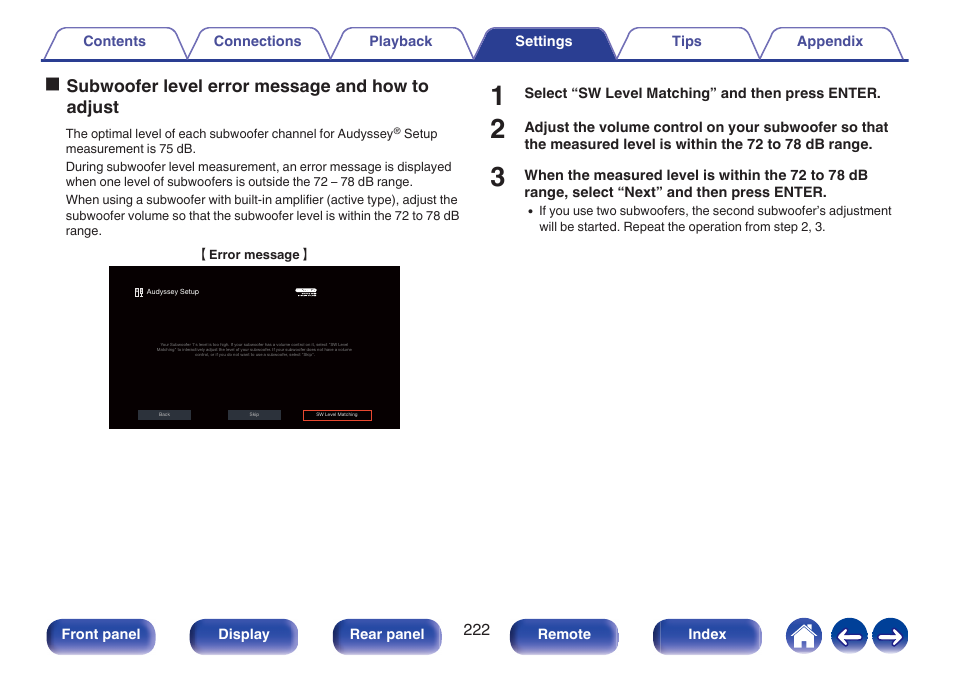 P. 222), Osubwoofer level error message and how to adjust | Denon AVR-A1H 15.4-Channel Network A/V Receiver User Manual | Page 222 / 353