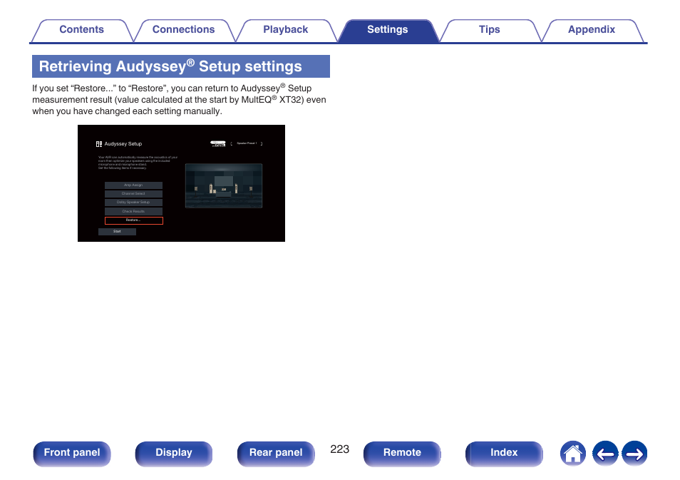 Retrieving audyssey® setup settings, Retrieving audyssey, Setup settings | Front panel display rear panel remote index | Denon AVR-A1H 15.4-Channel Network A/V Receiver User Manual | Page 223 / 353