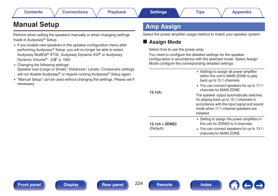 Manual setup, Amp assign, Playback | P. 224), Zone3”), Refer to “amp assign” - “bi-amp” and “zone2, Zone2” and “zone3, On the menu, Assign, P. 224)) | Denon AVR-A1H 15.4-Channel Network A/V Receiver User Manual | Page 224 / 353