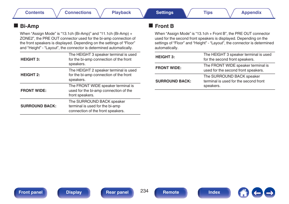 P. 234), Obi-amp, Ofront b | Denon AVR-A1H 15.4-Channel Network A/V Receiver User Manual | Page 234 / 353