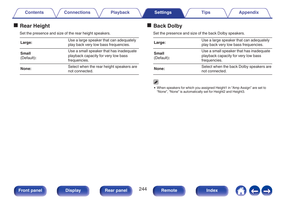 Orear height, Oback dolby | Denon AVR-A1H 15.4-Channel Network A/V Receiver User Manual | Page 244 / 353
