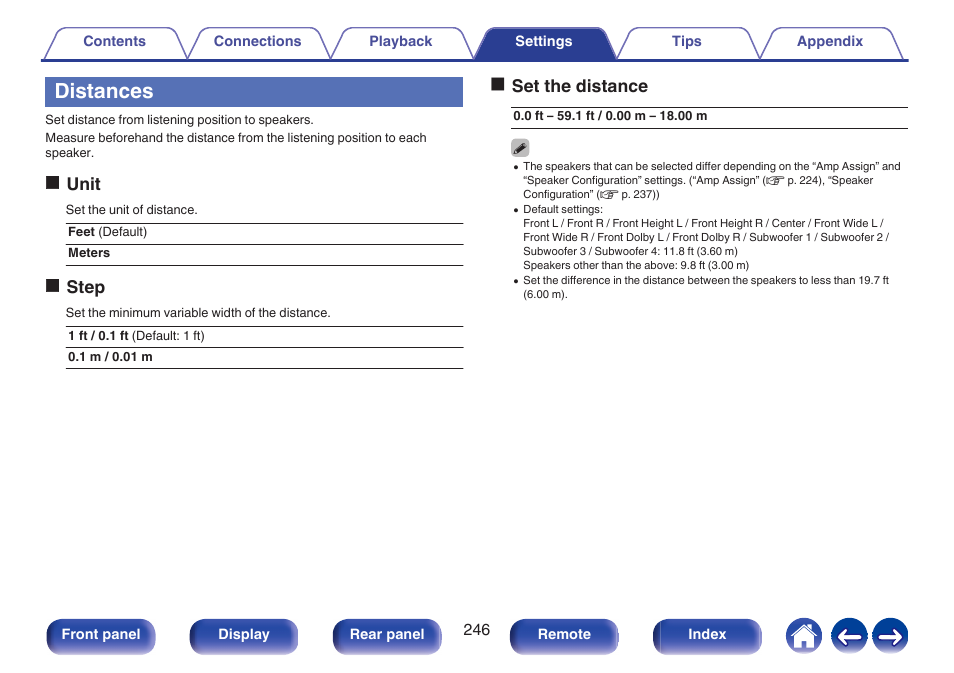 Distances, Ounit, Ostep | Oset the distance | Denon AVR-A1H 15.4-Channel Network A/V Receiver User Manual | Page 246 / 353
