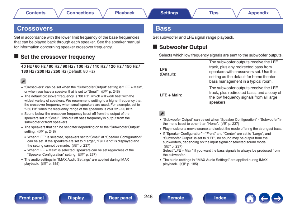 Crossovers, Bass, P. 248) | Oset the crossover frequency, Osubwoofer output | Denon AVR-A1H 15.4-Channel Network A/V Receiver User Manual | Page 248 / 353