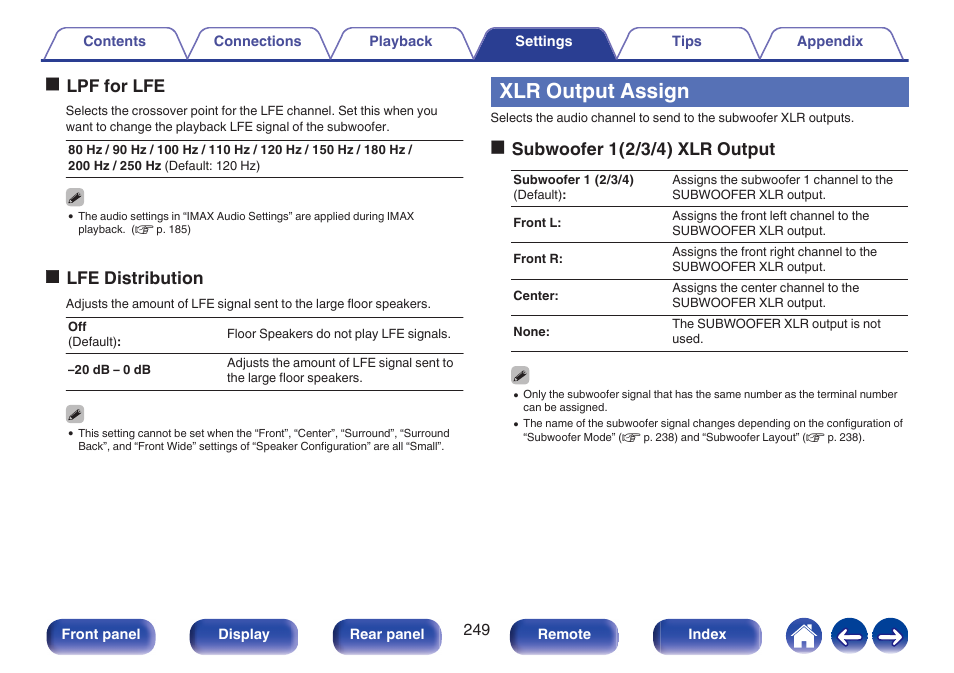 Xlr output assign, P. 249), Olpf for lfe | Olfe distribution, Osubwoofer 1(2/3/4) xlr output | Denon AVR-A1H 15.4-Channel Network A/V Receiver User Manual | Page 249 / 353