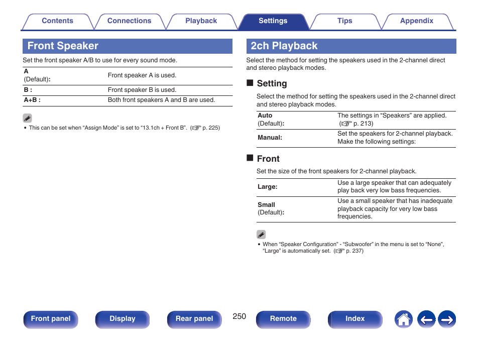 Front speaker, 2ch playback, Speaker” setting | P. 250), Osetting, Ofront | Denon AVR-A1H 15.4-Channel Network A/V Receiver User Manual | Page 250 / 353