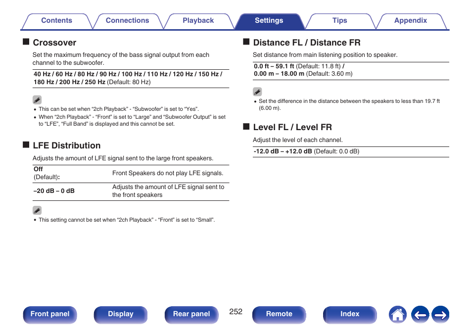 Ocrossover, Olfe distribution, Odistance fl / distance fr | Olevel fl / level fr | Denon AVR-A1H 15.4-Channel Network A/V Receiver User Manual | Page 252 / 353