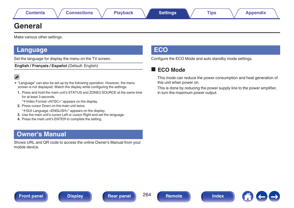 General, Language, Owner's manual | This switches to eco mode, P. 264), Oeco mode | Denon AVR-A1H 15.4-Channel Network A/V Receiver User Manual | Page 264 / 353