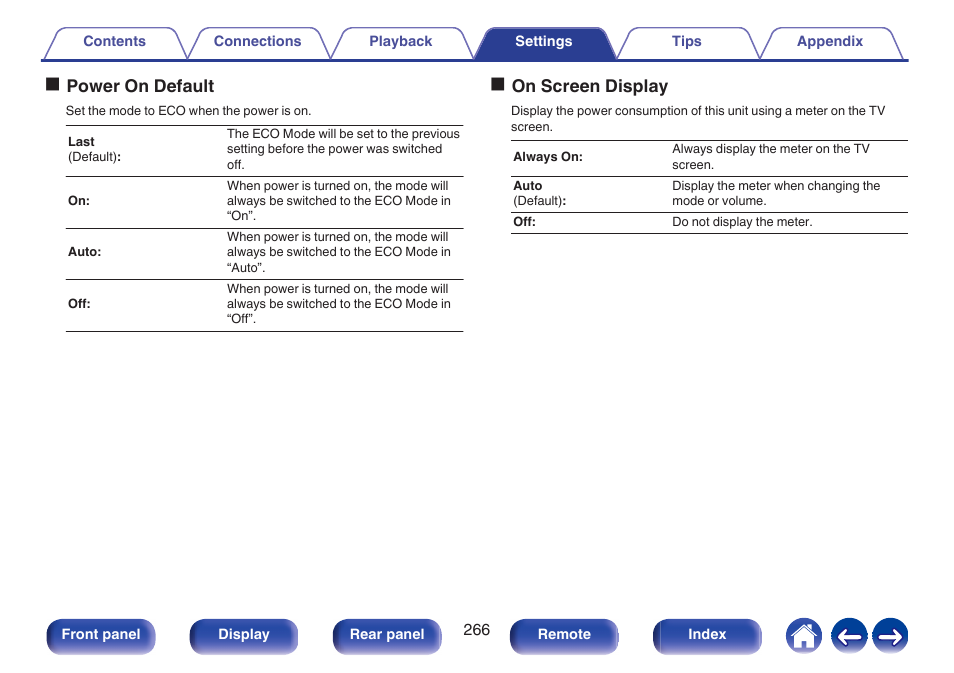 Opower on default, Oon screen display | Denon AVR-A1H 15.4-Channel Network A/V Receiver User Manual | Page 266 / 353