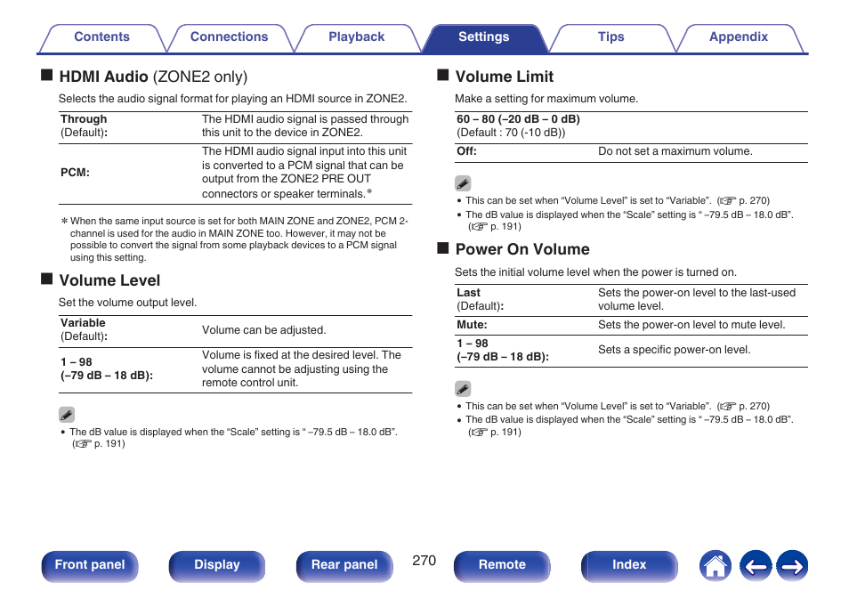 P. 270), Ohdmi audio (zone2 only), Ovolume level | Ovolume limit, Opower on volume | Denon AVR-A1H 15.4-Channel Network A/V Receiver User Manual | Page 270 / 353