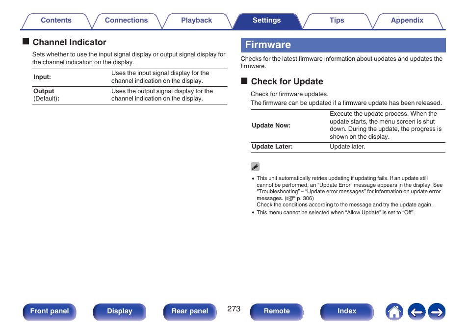 Firmware, Channel indicator, P. 273) | Ochannel indicator, Ocheck for update | Denon AVR-A1H 15.4-Channel Network A/V Receiver User Manual | Page 273 / 353