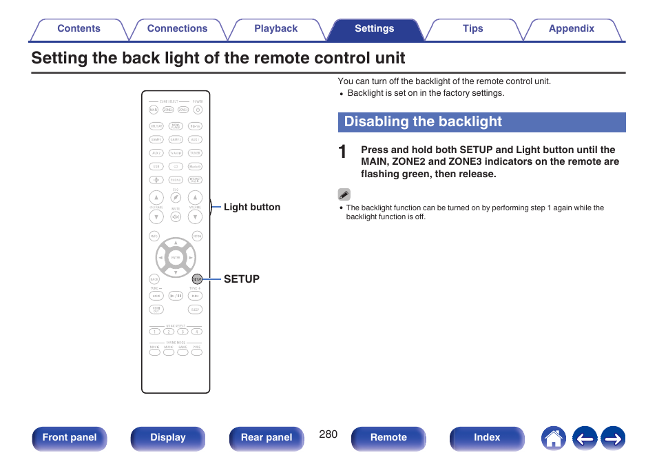 Setting the back light of the remote control unit, Disabling the backlight, This turns on the backlight for approx. 5 seconds | P. 280) | Denon AVR-A1H 15.4-Channel Network A/V Receiver User Manual | Page 280 / 353