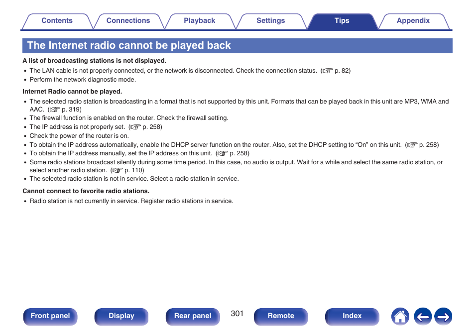 The internet radio cannot be played back | Denon AVR-A1H 15.4-Channel Network A/V Receiver User Manual | Page 301 / 353