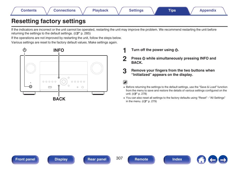 Resetting factory settings, Resetting, Factory settings | Denon AVR-A1H 15.4-Channel Network A/V Receiver User Manual | Page 307 / 353