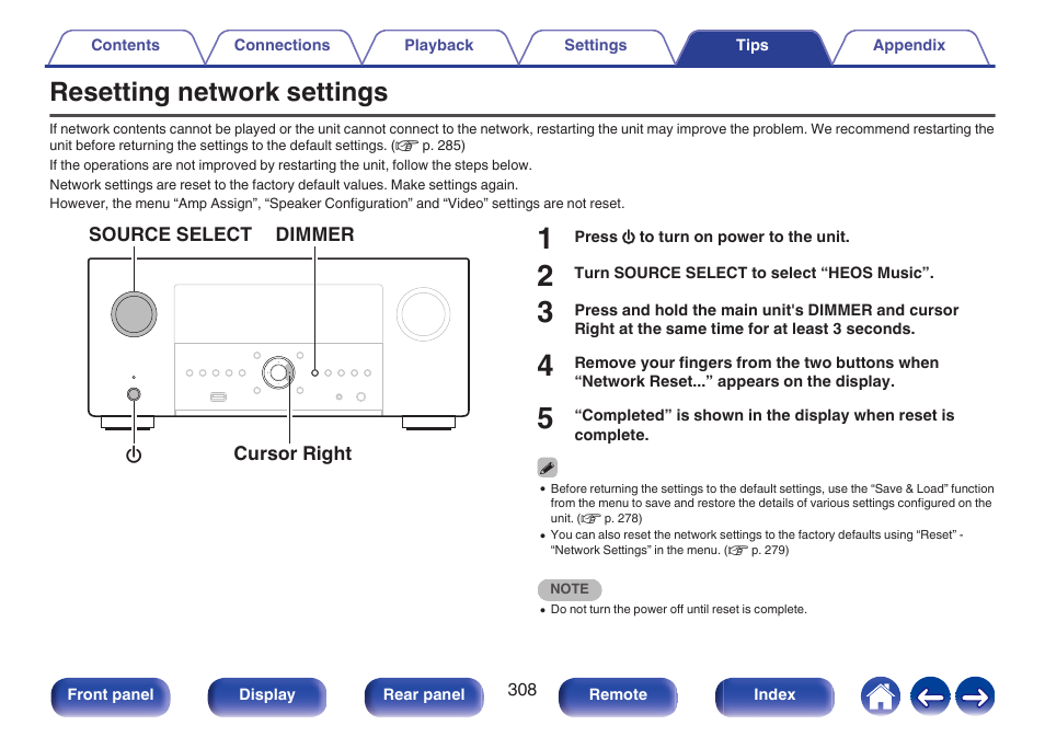 Resetting network settings, P. 308) | Denon AVR-A1H 15.4-Channel Network A/V Receiver User Manual | Page 308 / 353