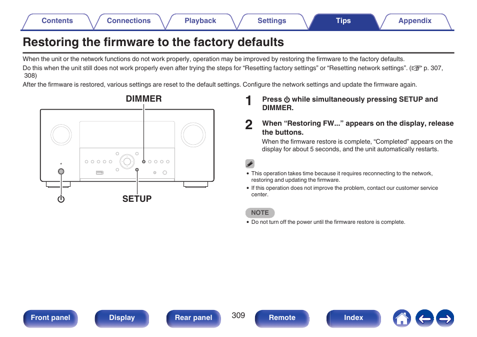 Restoring the firmware to the factory defaults | Denon AVR-A1H 15.4-Channel Network A/V Receiver User Manual | Page 309 / 353