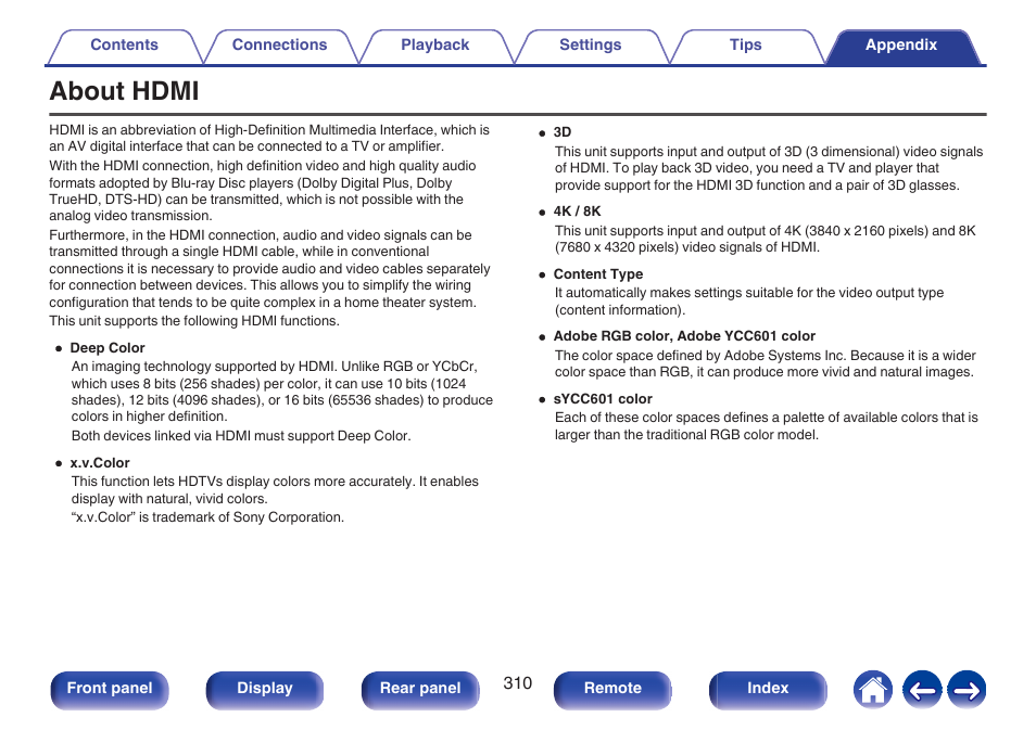 About hdmi, Appendix | Denon AVR-A1H 15.4-Channel Network A/V Receiver User Manual | Page 310 / 353