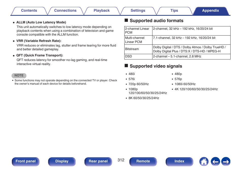 P. 312), Osupported audio formats, Osupported video signals | Denon AVR-A1H 15.4-Channel Network A/V Receiver User Manual | Page 312 / 353