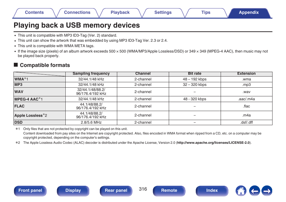 Playing back a usb memory devices, See “playing back a usb memory devices, P. 316) for details | P. 316), Ocompatible formats | Denon AVR-A1H 15.4-Channel Network A/V Receiver User Manual | Page 316 / 353