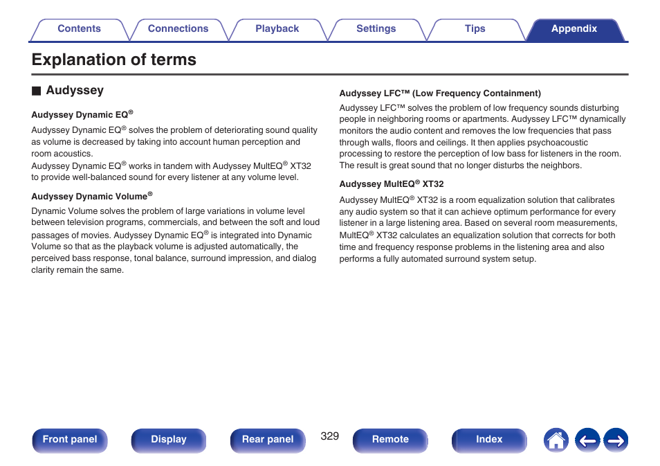Explanation of terms, P. 329), Oaudyssey | Denon AVR-A1H 15.4-Channel Network A/V Receiver User Manual | Page 329 / 353