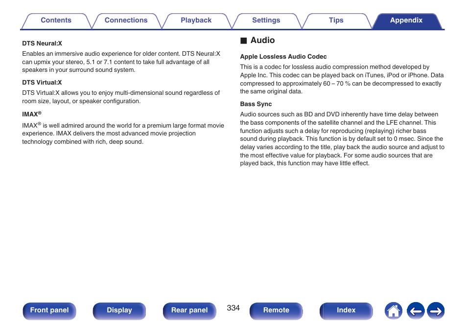 Dts virtual:x, P. 334), Imax enhanced | Oaudio | Denon AVR-A1H 15.4-Channel Network A/V Receiver User Manual | Page 334 / 353
