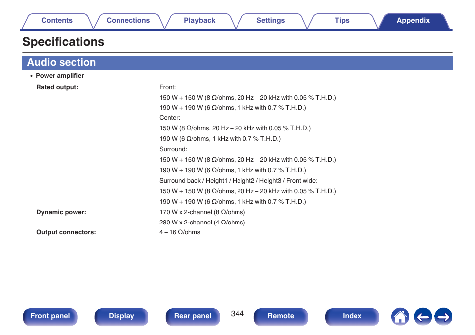 Specifications, Audio section | Denon AVR-A1H 15.4-Channel Network A/V Receiver User Manual | Page 344 / 353