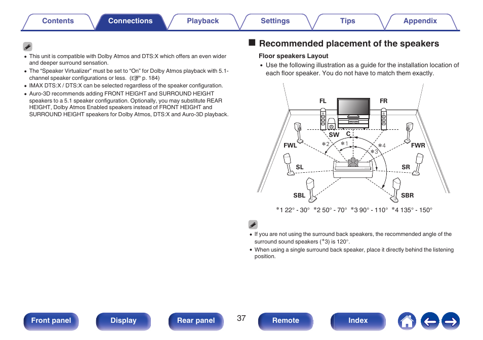 Orecommended placement of the speakers | Denon AVR-A1H 15.4-Channel Network A/V Receiver User Manual | Page 37 / 353