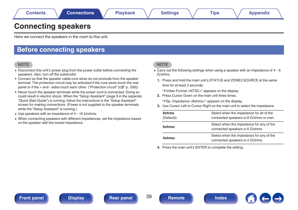 Connecting speakers, Before connecting speakers, Used to connect speakers | P. 39) | Denon AVR-A1H 15.4-Channel Network A/V Receiver User Manual | Page 39 / 353