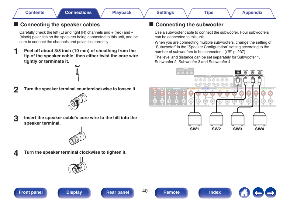 Connecting the subwoofer, P. 40) | Denon AVR-A1H 15.4-Channel Network A/V Receiver User Manual | Page 40 / 353