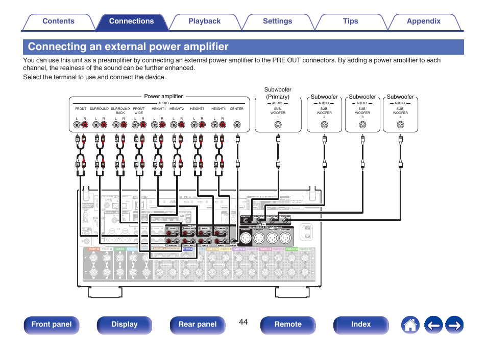 Connecting an external power amplifier, P. 44), Front panel display rear panel remote index | Denon AVR-A1H 15.4-Channel Network A/V Receiver User Manual | Page 44 / 353