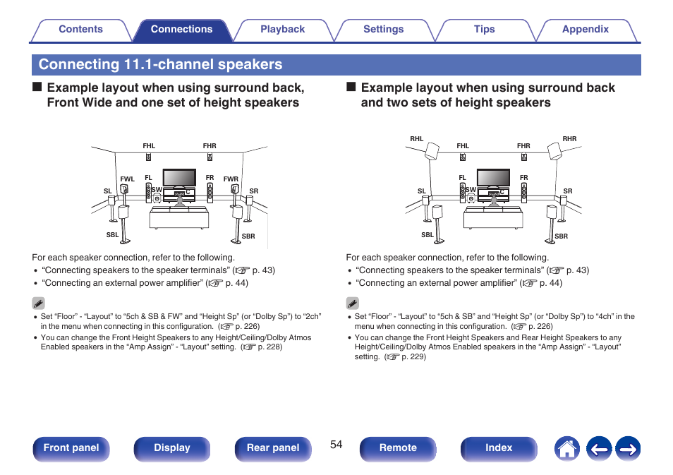 Connecting 11.1-channel speakers, P. 54) | Denon AVR-A1H 15.4-Channel Network A/V Receiver User Manual | Page 54 / 353