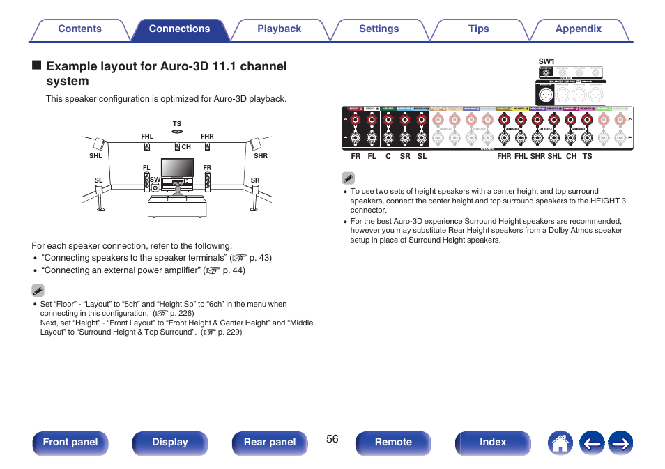 Channel system, P. 56) when playing auro-3d with a 11.1-channel, Oexample layout for auro-3d 11.1 channel system | Denon AVR-A1H 15.4-Channel Network A/V Receiver User Manual | Page 56 / 353